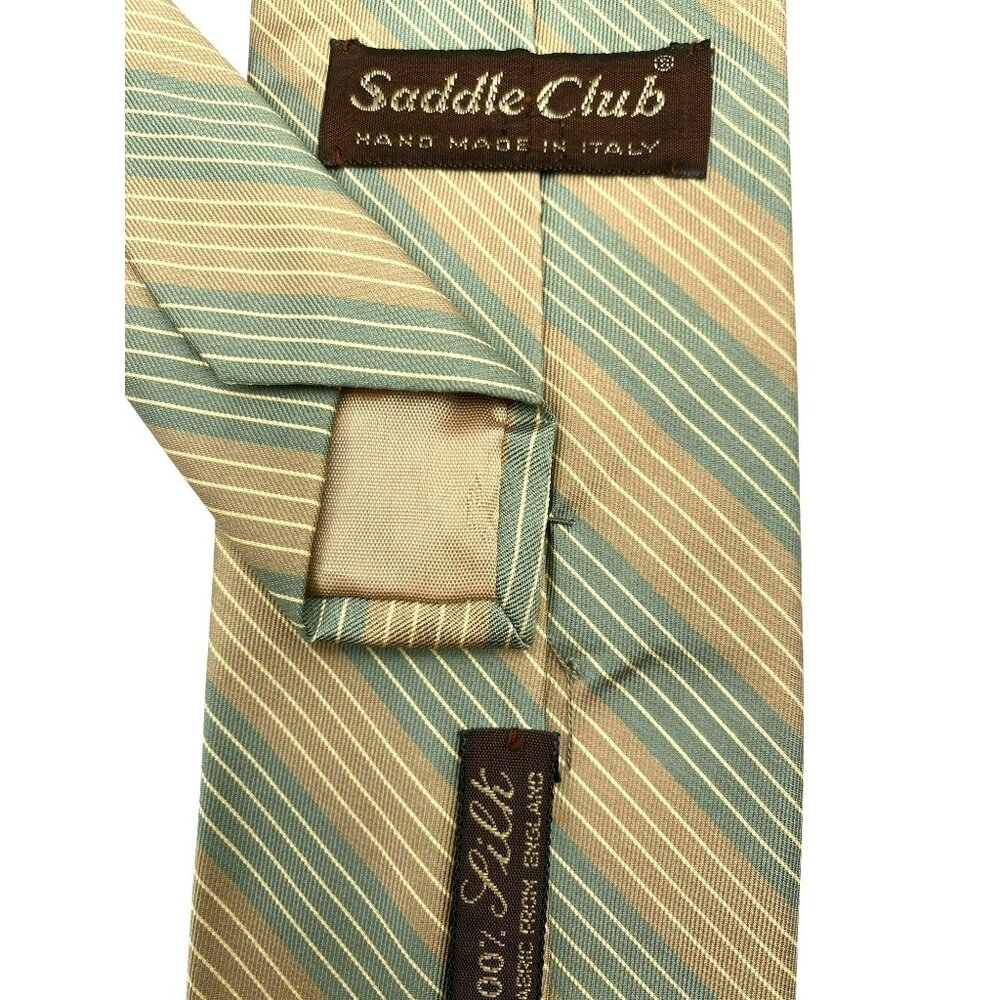 Saddle Club Tan Blue Striped Italy Italian Silk Tie Neck Luxury Vintage Mens - Picture 3 of 6